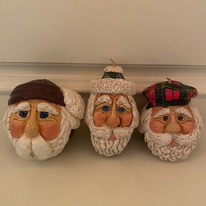 3 Vicki Thomas Whimsical Santa Claus Folk Ornament Set  1998 Enesco Hand painted